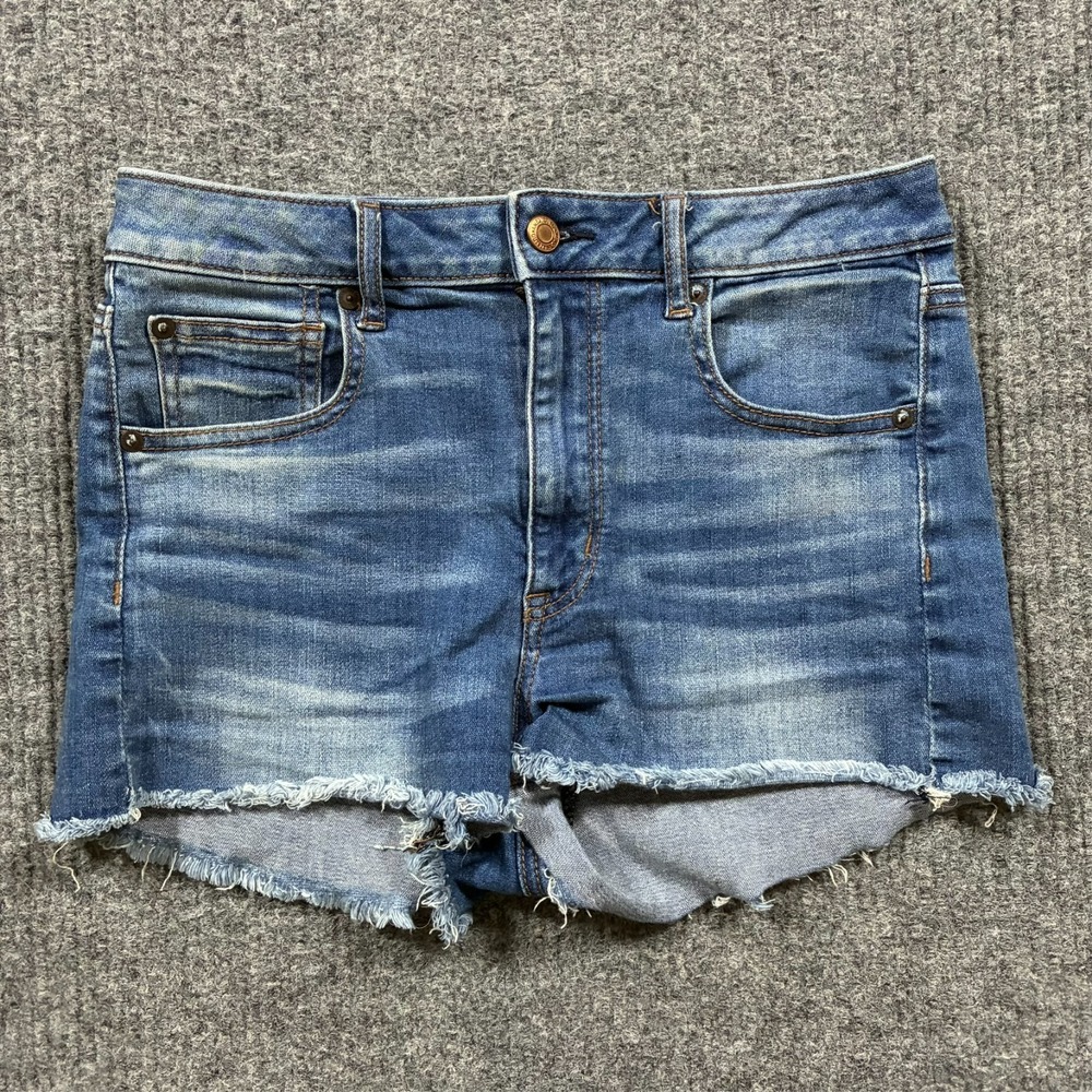American Eagle Super Hi-Rise Shortie Womens 8 Blue Denim Raw Hem Super Stretch X